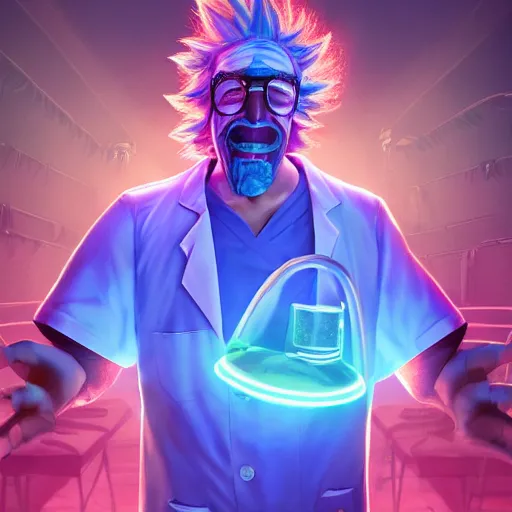 Prompt: portrait of old shaved rick sanchez, lab coat and tee shirt, lens flare, atmosphere, glow, detailed, intricate, full of colour, cinematic lighting, trending on artstation, 4 k, hyperrealistic, focused, extreme details, unreal engine 5, cinematic, masterpiece