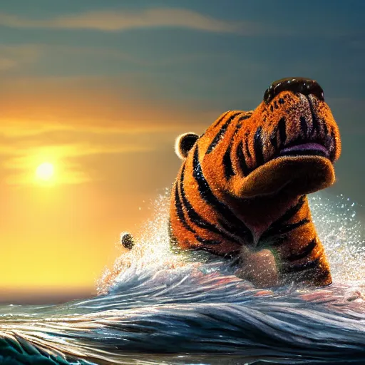 Image similar to a closeup photorealistic photograph of a smiling cute knitted tiger hippopotamus riding a large wave during sunset. surf in the background. professional capture. brightly lit scene. this 4 k hd image is trending on artstation, featured on behance, well - rendered, extra crisp, features intricate detail, epic composition and the style of unreal engine.