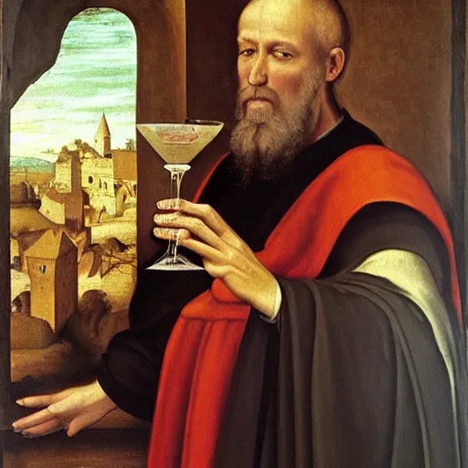 Prompt: renaissance painting of an orthodox monk holding a glass of wine