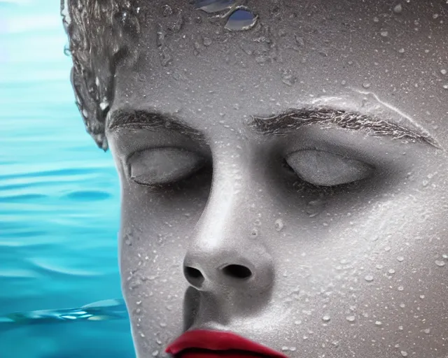 Image similar to water art manipulation of a realistic human head with open eyes burried in the ocean, surreal, side view, hyper realistic, ray tracing, realistic water, sharp focus, 8 k resolution, cinematic