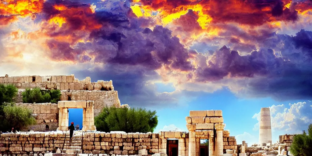 Image similar to a adorable small fox in the huge ruins of the second temple in jerusalem in the distance. the third temple hovers quietly hiding in the dreamy clouds above. a hooded bearded old man in a tunic laughing, colorful 8 k, art station, intricate superb details, digital art, cinematic, bokeh dof sky, a painting by afremov.