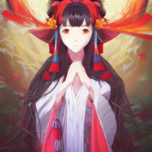 Prompt: portrait of the shrine maiden of the misty mountain, anime fantasy illustration by tomoyuki yamasaki, kyoto studio, madhouse, ufotable, comixwave films, trending on artstation