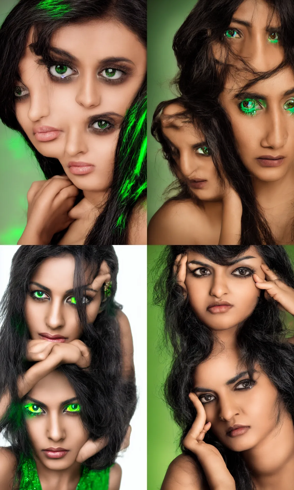 Prompt: a photo of a beautiful indian woman with glowing green eyes and dark hair, studio photo, dramatic lighting