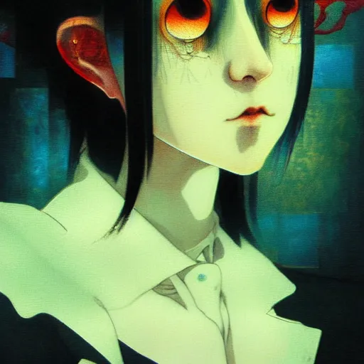 Prompt: yoshitaka amano blurred and dreamy realistic three quarter angle horror portrait of a sinister young woman with short hair, and black eyes wearing office suit with tie, junji ito abstract patterns in the background, satoshi kon anime, noisy film grain effect, highly detailed, renaissance oil painting, weird portrait angle, blurred lost edges