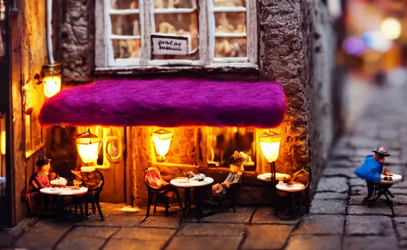Image similar to miniature cafe diorama, macro photography, cafe with felted cookie monsters on a date, alleyway, ambient, atmospheric, british, cozy, bokeh, romantic, colorful lanterns