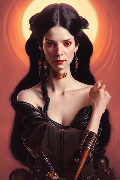 Prompt: sargent, leyendecker, greg hildebrandt highly detailed portrait of a woman with long black hair, dragonrider, black leather, stephen bliss, unreal engine, by greg rutkowski, loish, ferdinand knab, ilya kuvshinov, rossdraws, tom bagshaw, alphonse mucha, global illumination, radiant light, detailed and intricate environment