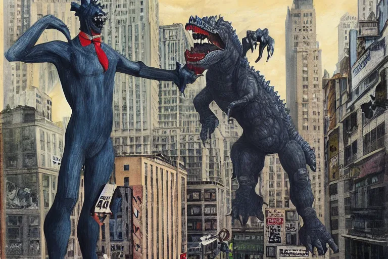 Image similar to giant buster keaton in the city, battling godzilla with clever acrobatics. color fantasy painting, highly detailed, trending on artstation