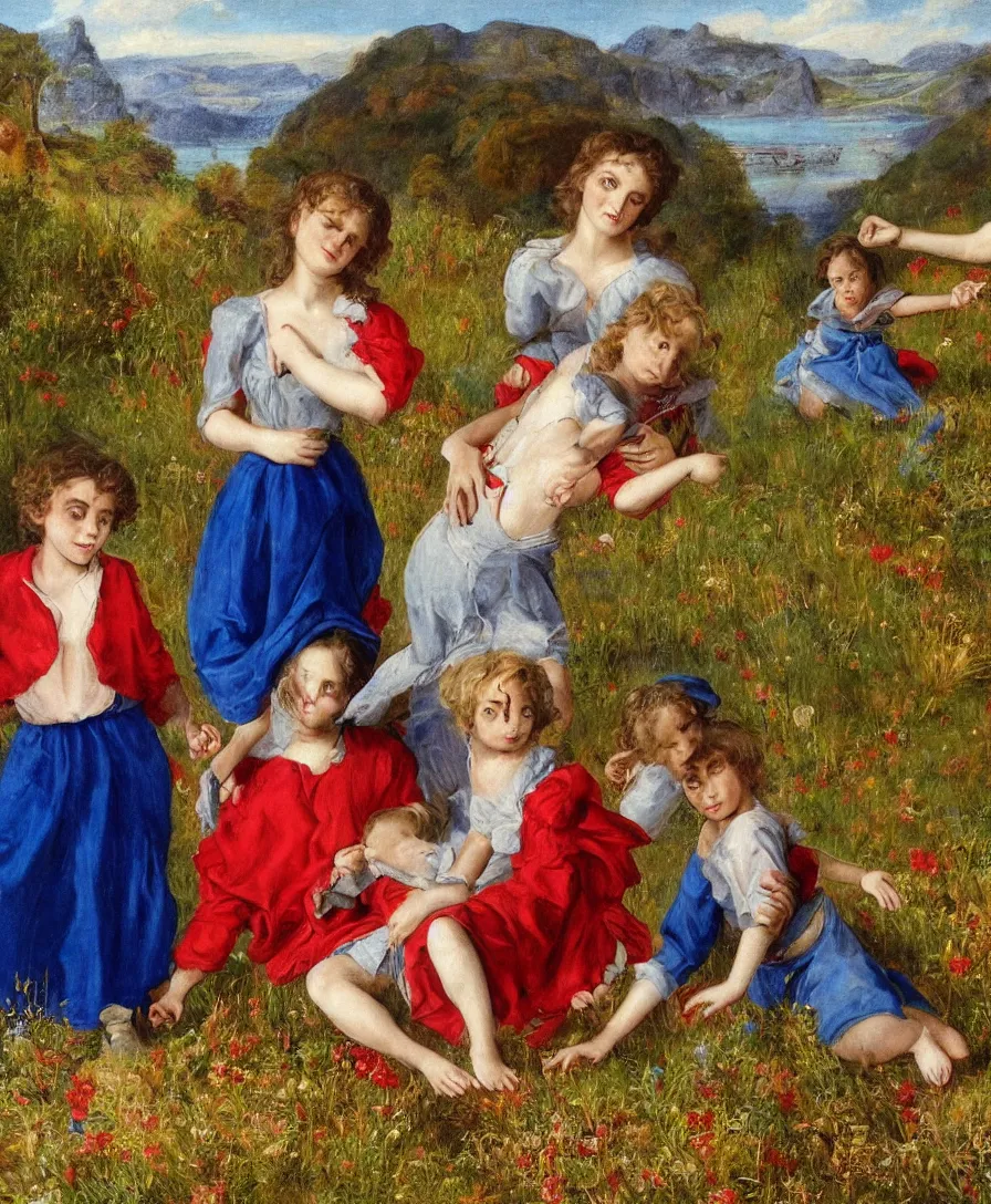 Prompt: Only three people in the picture: Detailed Portrait of beautiful Madonna with blue skirt and a red shirt and two boys playing in the style of Raffael. The boys are very small and only cloth is blue linen. They are sitting in a dried out meadow. In the background, there is a lake with a town and mountains. Flat perspective.