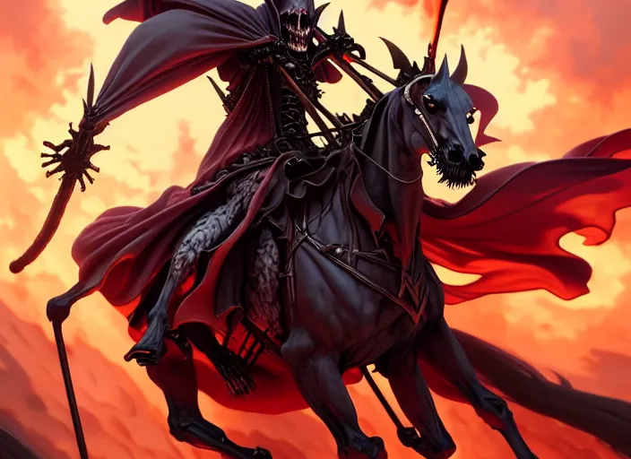 Image similar to ainz ooal gown leading the undead army to battle riding a flaming skeleton horse, highly detailed, deep focus, elegant, artstation, digital painting, smooth, sharp focus, illustration, ultra realistic, 8 k, art by artgerm and greg rutkowski and alphonse mucha