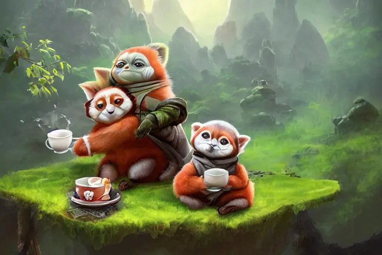 Image similar to an extremely cute (red panda) and the adorable (baby-yoda) sit on a lichen covered ancient bolder and sing songs and have a tea party, in the far background a hazy outline of a TIE fighter, mischievous, inquisitive, devious, hilarious, funny, by Tyler Edlin