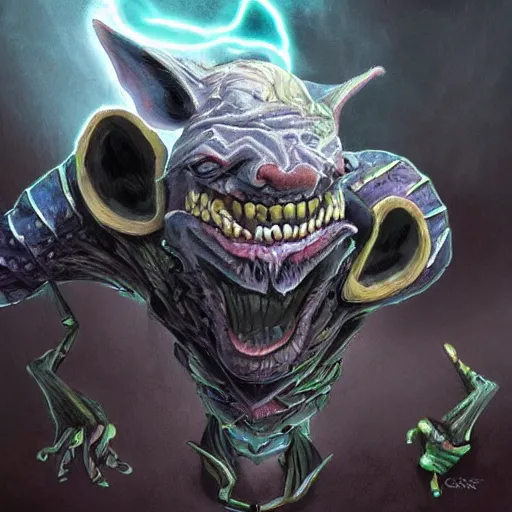 Prompt: a highly detailed goblin with grey skin and blue eyes that glow, like magic the gathering, goblin chainwalker, with wind wiping around it, digital art, by christopher rush