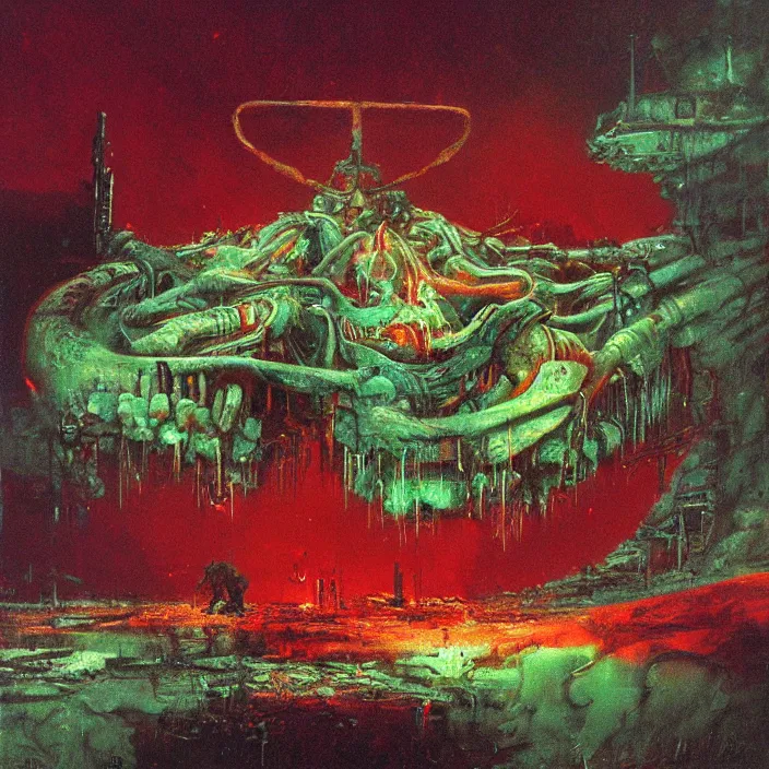 Image similar to gargantuan endless disappointment of crying souls in crack of humanity dissolution, red and green palette, by ( h. r. giger ) and paul lehr