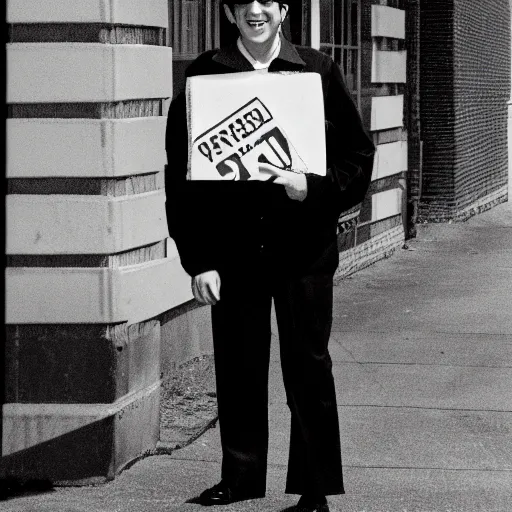 Image similar to a picture of kevin mitnick dressed as a paper boy from the 6 0 s, canon, black and white, high resolution