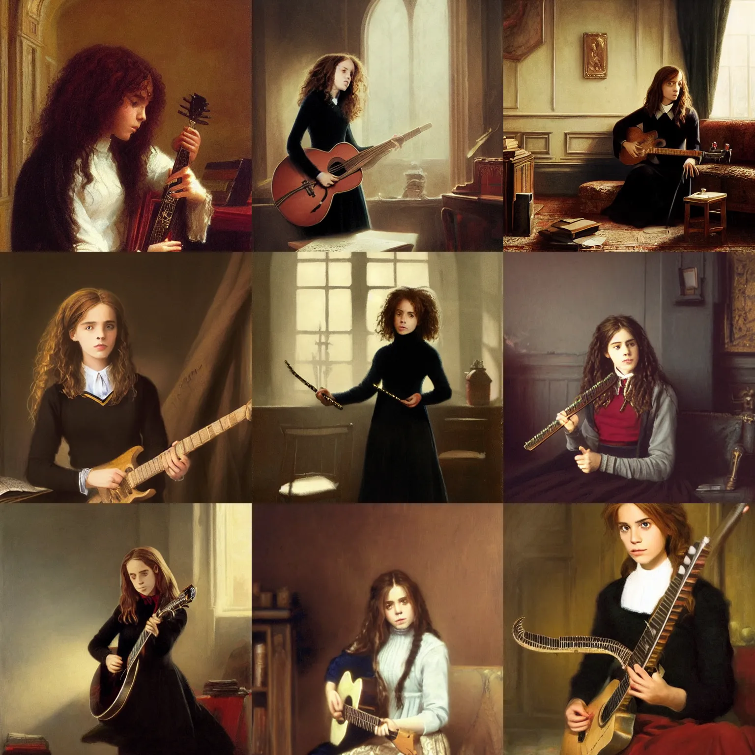 Prompt: Hermione Granger wearing a black sweater, playing a guitar, in the Gryffindor common room, portrait photo by Ivan Aivazovsky