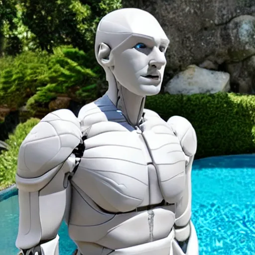 Image similar to a realistic detailed photo of a guy who is an attractive humanoid who is half robot and half humanoid, who is a male android, wrestler bryce meredith, shiny skin, posing like a statue, blank stare, by the pool, on display, showing off his muscles, humanoid robot, frozen ice statue