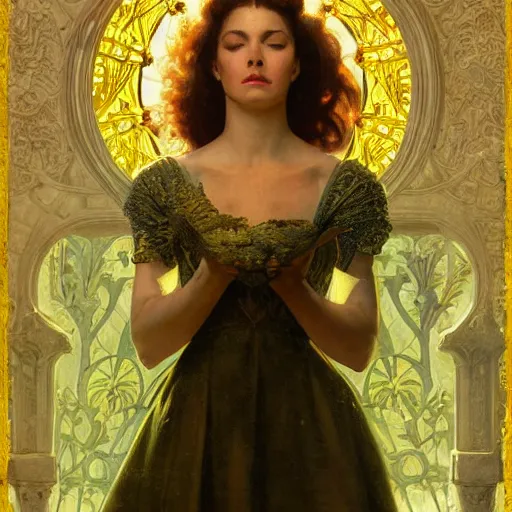 Prompt: kneeling before a proud queen, yellow eyes, medieval art, medium shot, intricate, elegant, highly detailed, digital painting, volumetric light, artstation, concept art, smooth, sharp focus, illustration, art by Gil Elvgren and Greg Rutkowski and Alphonse Mucha, 8K