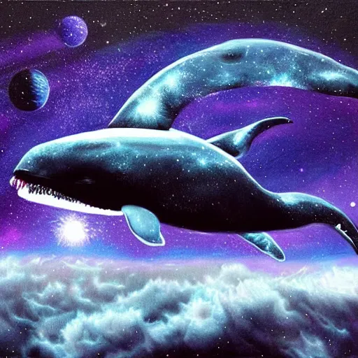 Prompt: portrait of space whale on a dark night sky in space, flying across the universe, oniric, dreamy, beautiful, highly detailed, realistic, cinematic, elegant, dynamic composition, art by christian riese lassen