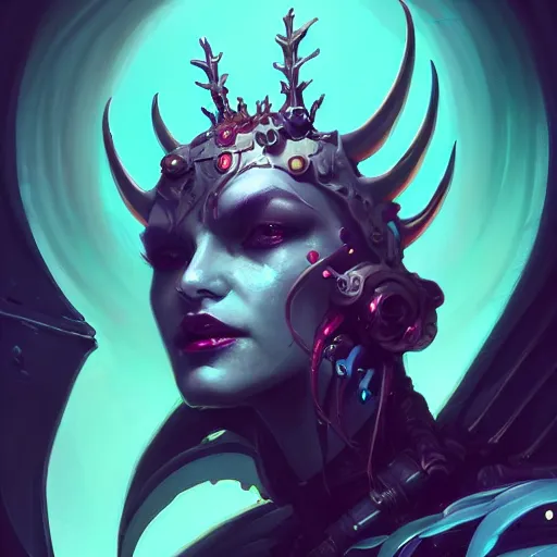 Image similar to a portrait of a beautiful demonic cybernetic queen of hell, cyberpunk concept art by pete mohrbacher and wlop and artgerm and josan gonzales, digital art, highly detailed, intricate, sci-fi, sharp focus, Trending on Artstation HQ, deviantart, unreal engine 5, 4K UHD image