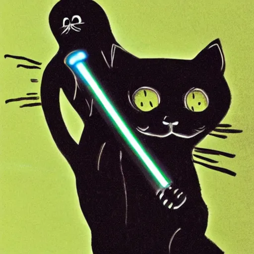 Prompt: a black cat from starwars weiding a light saber