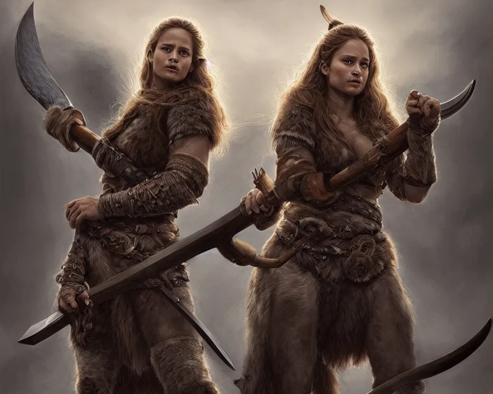 Image similar to gorgeous!! hyper - realistic solo woman resembling alicia vikander as a battle - worn viking warrior wielding a giant axe, accompanied by a dire wolf | intricate, highly detailed, digital painting, character design, character concept art | drawn by wlop, drawn by jeehyung lee, drawn by artgerm, drawn by peter kemp