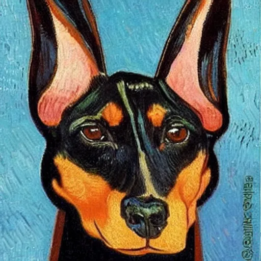 Prompt: “black and tan Doberman with floppy rabbit ears, by Vincent Van Gogh”