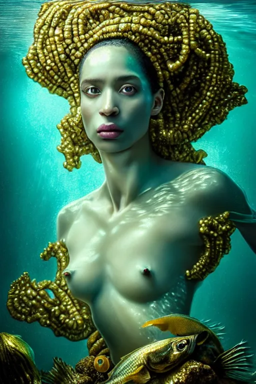 Image similar to hyperrealistic neo - rococo cinematic half underwater scene with fish and algae, very expressive! translucent elegant african goddess getting out of water, gold jewerly, highly detailed face, digital art masterpiece, aykut aydogdu zener, dramatic volumetric light, long shot, low angle uhd 8 k, sharp focus