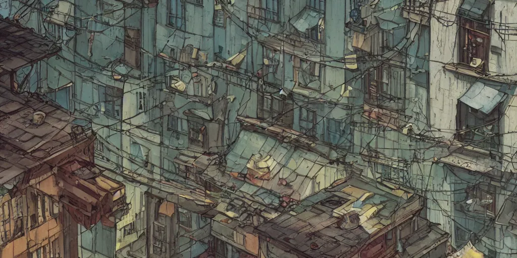 Prompt: a film still from Tekkonkinkreet by Ian McQue , close-up of detailed balcony with washing line and clothing, table and chairs with a soda can beside a radio, dusty favela city street below, intimate, bits of broken light, hazy atmosphere, vibrant, 50mm lens, video game character and environment design, 2d game lineart behance hd, studio, dramatic lighting, cinematic, global illumination, trending on Artstation, bloom