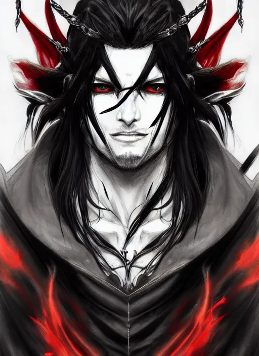 Image similar to Half body portrait of a handsome elf fire mage with long black hair wearing ornate scarlet robe, crazy grin, flame, anarchy. In style of Yoji Shinkawa and Hyung-tae Kim, trending on ArtStation, dark fantasy, great composition, concept art, highly detailed, dynamic pose.