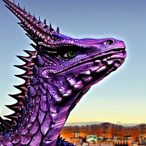 Image similar to a 128 foot tall elegant female silver western dragon with purple accents, having a 360 foot long wingspan; The scales smooth and streamlined, while having a sleek and sharp crest; two epic eyes bright blue right above the jawline; the snout sharp and pointed, yet sleek and elegant; she looks toward the camera; close-up bust, high quality 16k digital art, deviantart, furaffinity
