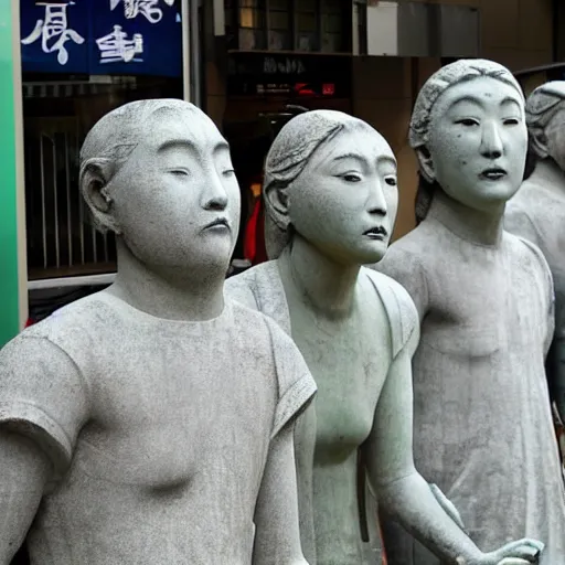 Image similar to everyone on the streets of japan suddenly turned into stone statues, the situation was eerie and silent