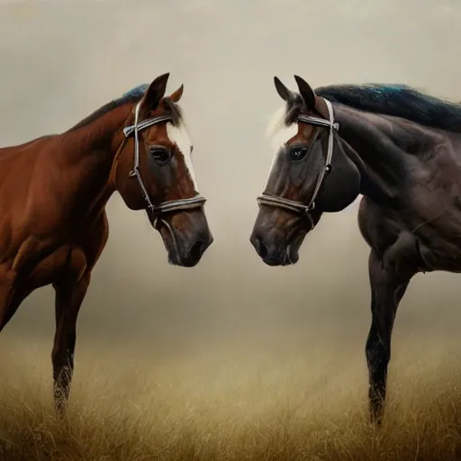 Image similar to a stunning ultra realistic painting of horses diffused into one another inside a stable by tom bagshaw, 24mm lens, 4k