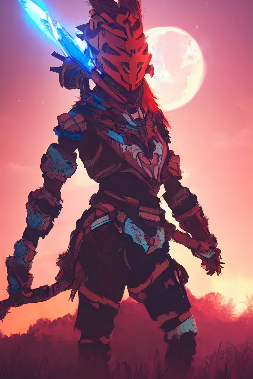 Image similar to combination suit armor aloy horizon forbidden west horizon zero dawn radiating a glowing aura global illumination ray tracing hdr fanart arstation by ian pesty and alena aenami artworks in 4 k tribal robot ninja mask helmet backpack