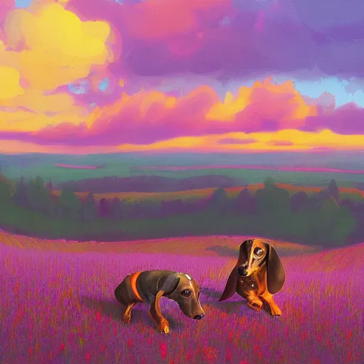 Image similar to a dachshund, surreal photography, cannabis field, sunset on a summer day light, impressionist painting, colorful clouds, blue sky, digital painting, artstation, simon stalenhag