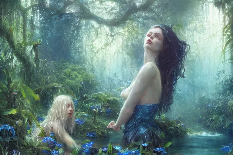 Prompt: an epic portrait of a swamp dwelling acquatic princess, deep blue eyes, flowing water hair, artstation, lush jungle plants, a sea of flowers, beautiful lighting, godrays, by Charlie Bowater and Gabrielle Ragusi and greg rutkowski and nixeu, highly detailed, few ultramarine highlights, oil on canvas