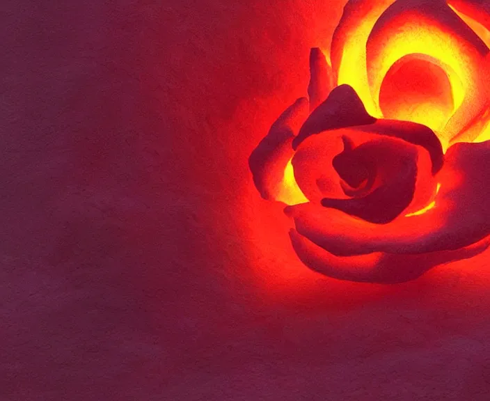 Image similar to a lava sculpture of a rose flower, digital art by studio ghibli and greg rutkowski, warm colors, beautiful, hyperrealism artstyle, amazing lighting