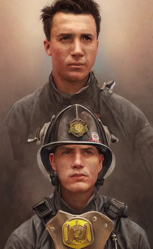 Image similar to portrait of a male firefighter wearing a firefighter suit, bruised, covered in dirt, confident and proud, intricate, headshot, highly detailed, digital painting, artstation, concept art, sharp focus, cinematic lighting, illustration, art by artgerm and greg rutkowski, alphonse mucha, cgsociety