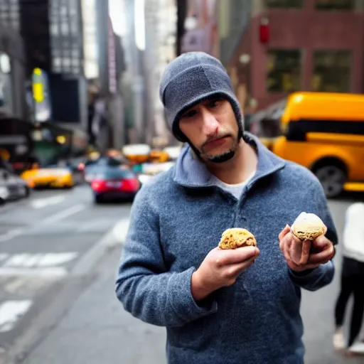 Image similar to a very sad man holding a very tiny cup of ice cream in nyc. photograph.