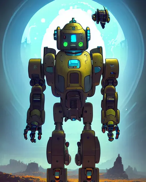 Image similar to bastion the friendly robot from overwatch, character portrait, portrait, close up, concept art, intricate details, highly detailed, vintage sci - fi poster, retro future, in the style of chris foss, rodger dean, moebius, michael whelan, and gustave dore