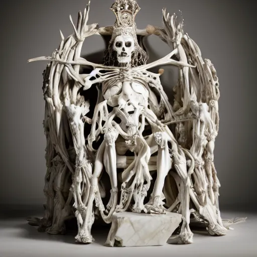 Image similar to a marble sculpture of the queen of bones, detailed face, crown of skulls, sitting on a throne of bones, by michaelangelo, high detail, hard lighting, 4 k