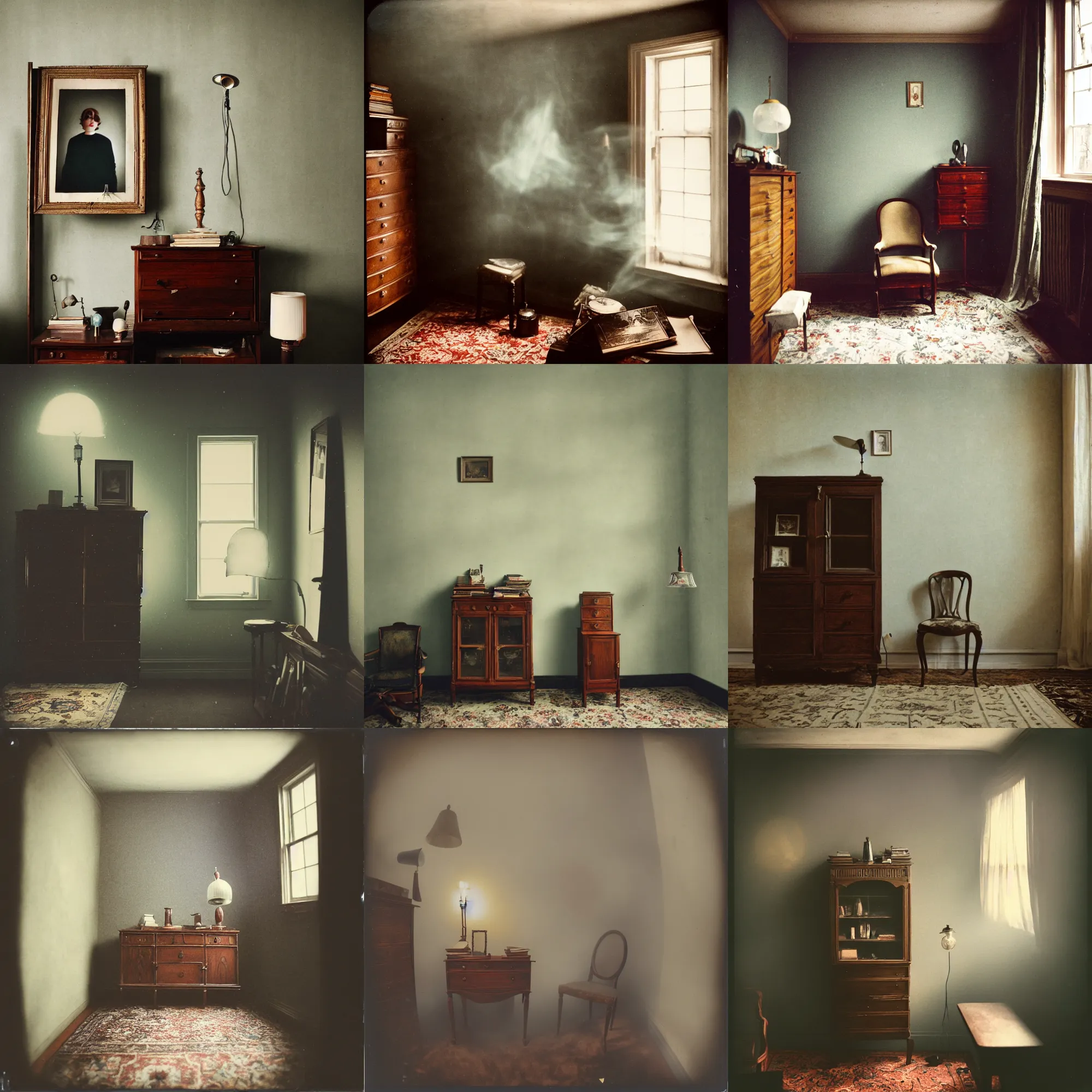 Prompt: kodak portra 4 0 0, wetplate, fisheye, award - winning portrait by britt marling, 1 9 2 0 s room, ghost, picture frames, shining lamps, dust, smoke, 1 9 2 0 s furniture, wallpaper, carpet, books, muted colours, wood, fog,