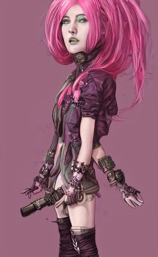 Image similar to pink hair girl dressed with inspirations from steampunk style, high detailed, digital art, trending on artstation, devianart, cgsociety