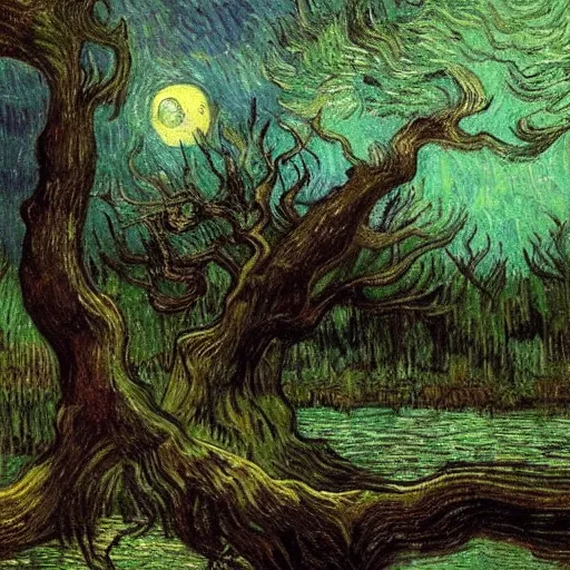 Image similar to highly realistic scenic painting of a towering misty dark fantasy forest surrounding a pond, a rusalka sits on the roots of an ancient tree looking up at the moon, spooky fog, looming trees, beautiful fantasy painting hd, painting by van gogh