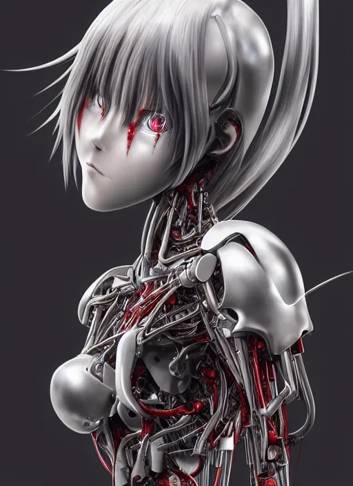 Image similar to Rei Ayanami by Yoshitaka Amano, by HR Giger, biomechanical, profile portrait, 4k, wide ayes, hyper detailed, hyperrealism, anime, a Blood Moon rising on a Broken World 4k very detailed deviantart artstation