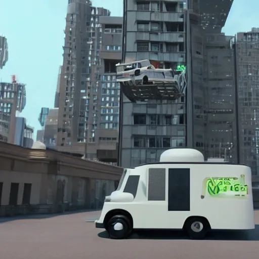 Image similar to a promotional movie still of a futuristic food truck. the truck is hovering high in the air next to a tall impressive looking building. fifth element ( 1 9 9 7 ), unreal engine 5, octane 3 d, render, imax 7 0 mm