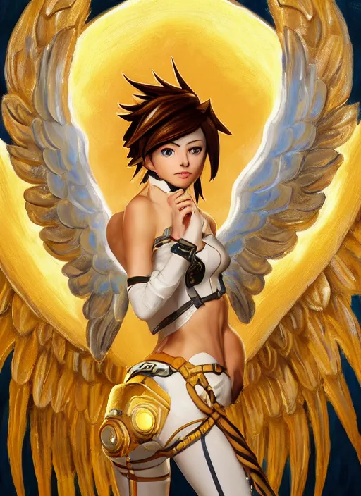 Image similar to full body oil painting of tracer overwatch in the style of sophie anderson, angel wings, angelic golden armor, dramatic painting, symmetrical composition, ornate, golden chains, high detail, gold detailed collar!!!!!, blooming, angelic, lights, flowers, heavenly, bright, detailed face,