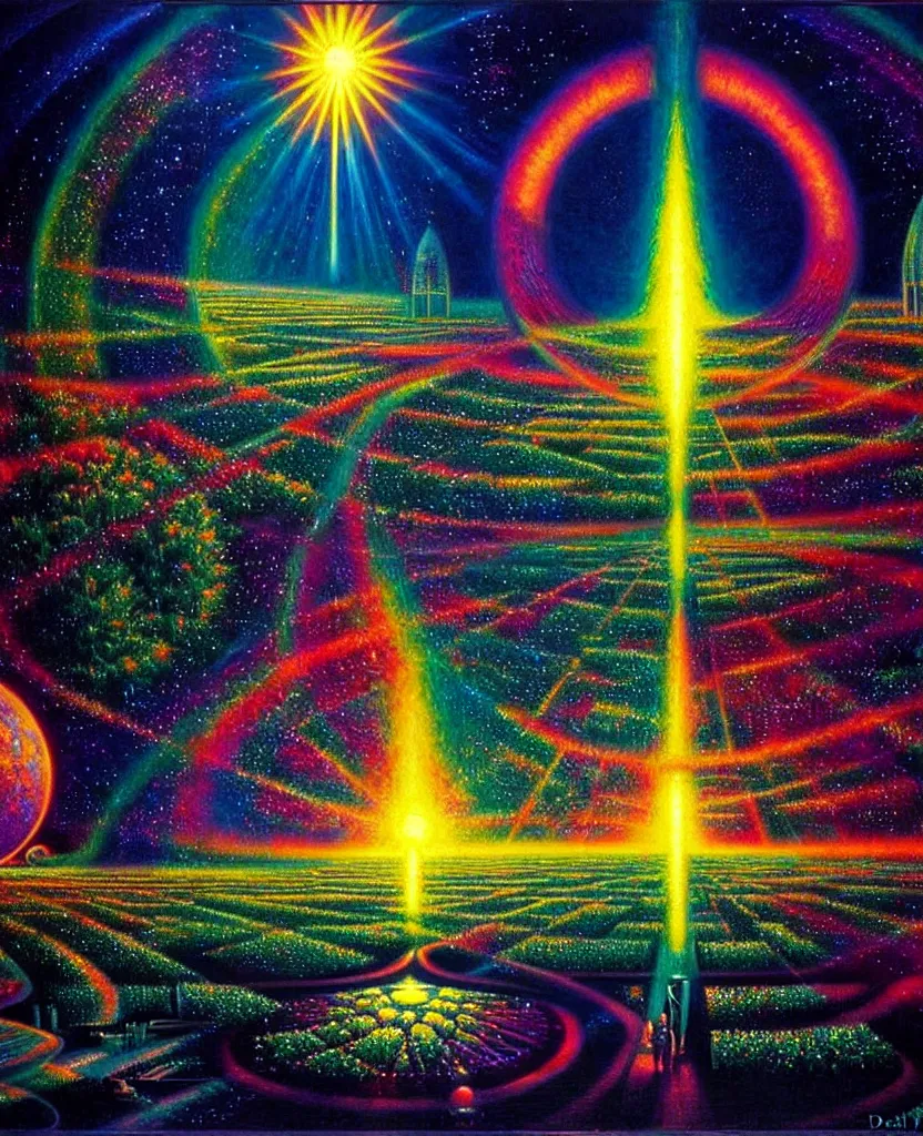 Prompt: a beautiful future for humanity, spiritual science, soul, divinity, utopian, heaven on earth by david a. hardy, glowing, prismatic light reflections, iridescent, metallic, gardens, wpa, public works mural, socialist