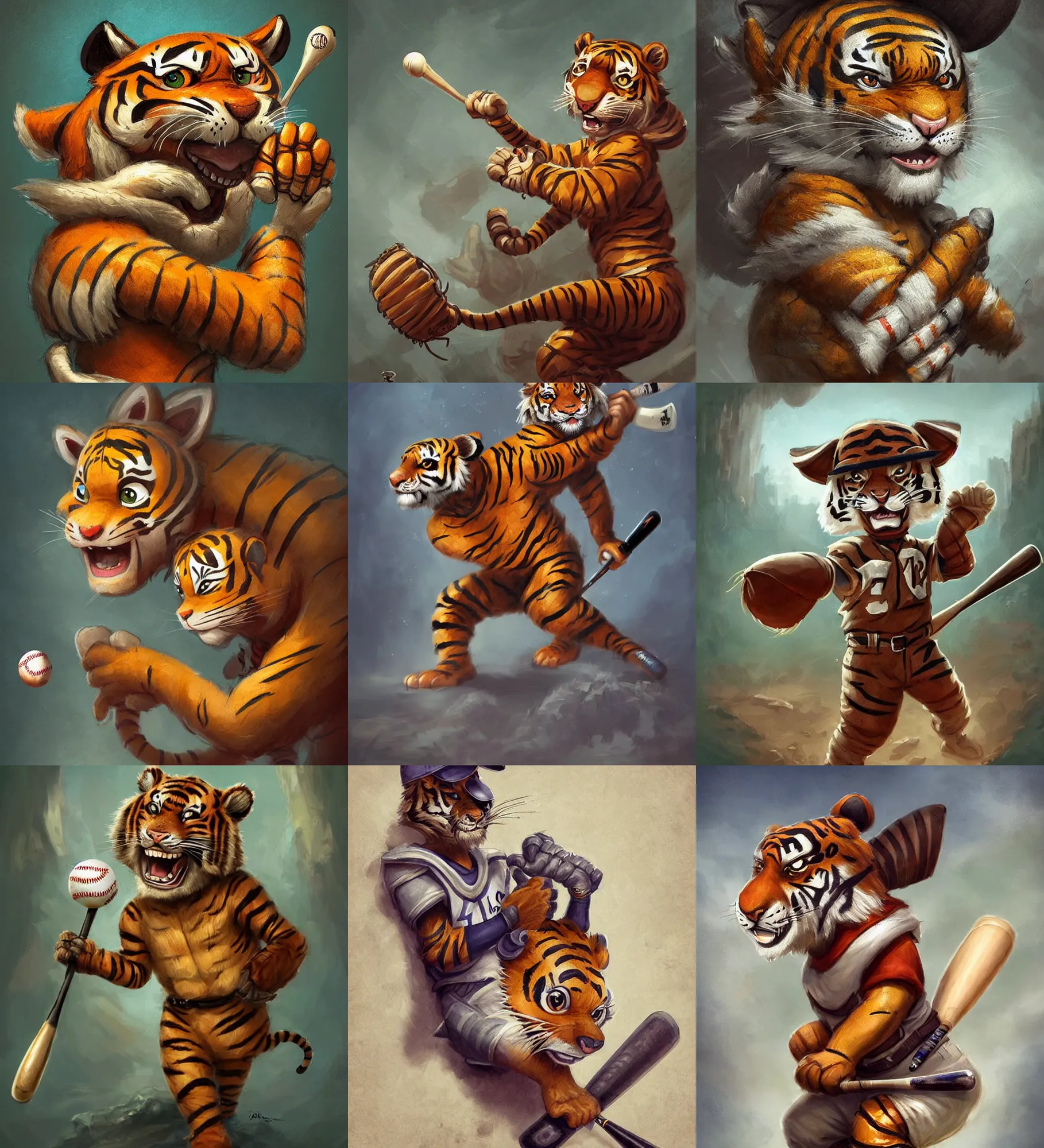 Prompt: cute little anthropomorphic tiger baseball player in a baseball stadium, tiny, small, short, cute and adorable, pretty, beautiful, dnd character art portrait, matte fantasy painting, deviantart artstation, by jason felix by steve argyle by tyler jacobson by peter mohrbacher, cinema