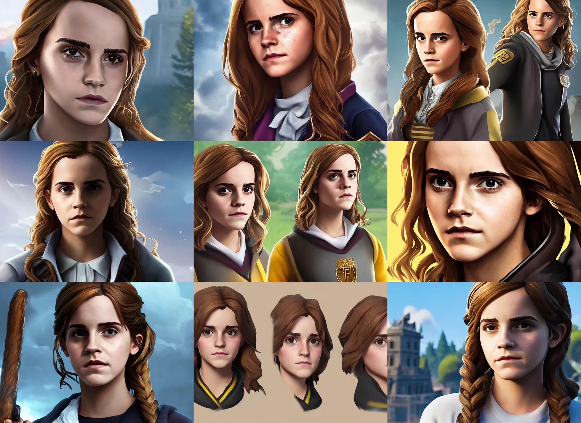 Prompt: emma watson as hermione granger in fortnite, detailed face, medium shot