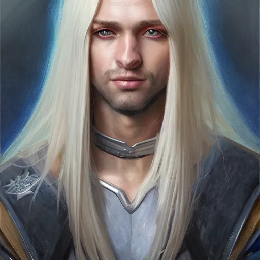 Image similar to 2 7 year old male with blue eyes and long straight blonde hair as a fantasy d & d character, closeup portrait art by donato giancola and greg rutkowski, realistic face, clean shaven, feminine features, digital art, trending on artstation, symmetry!!