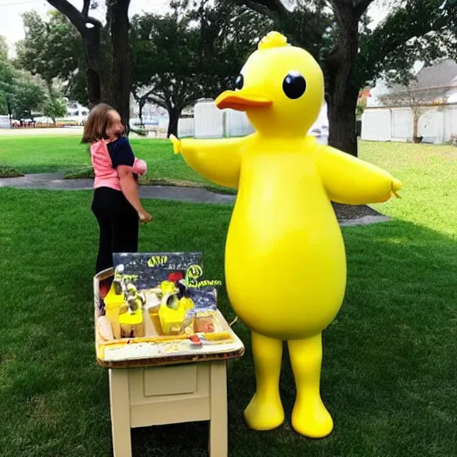 Image similar to a yellow human sized duck standing next to a children's lemonade stand